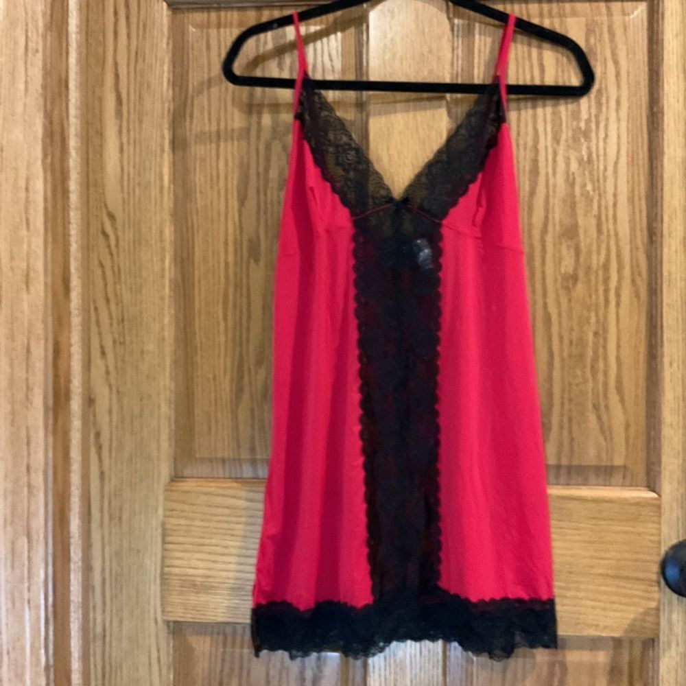 Frederick's of Hollywood Red with Black Lace Trim Slip Chemise Dress. XL